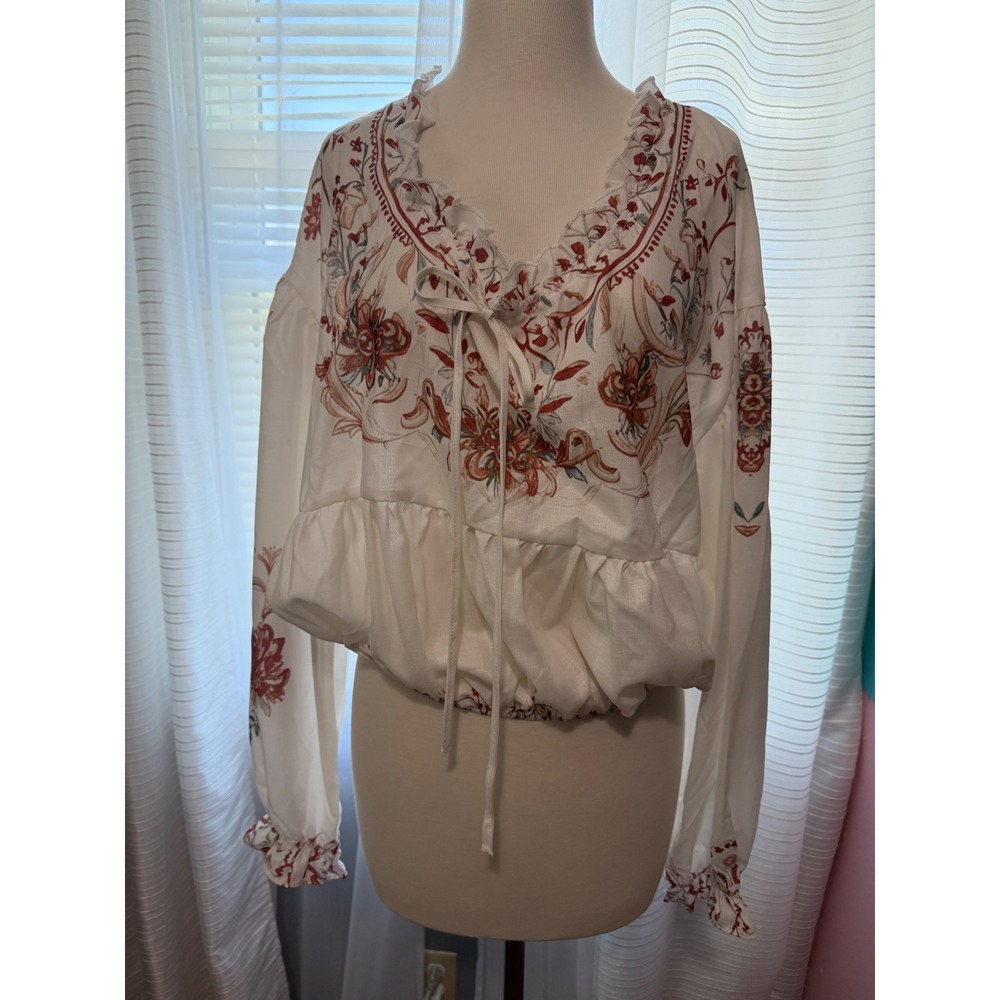 Boho Floral Print Long Sleeve Ruffle Crop Blouse White Red Peasant Top ladies L